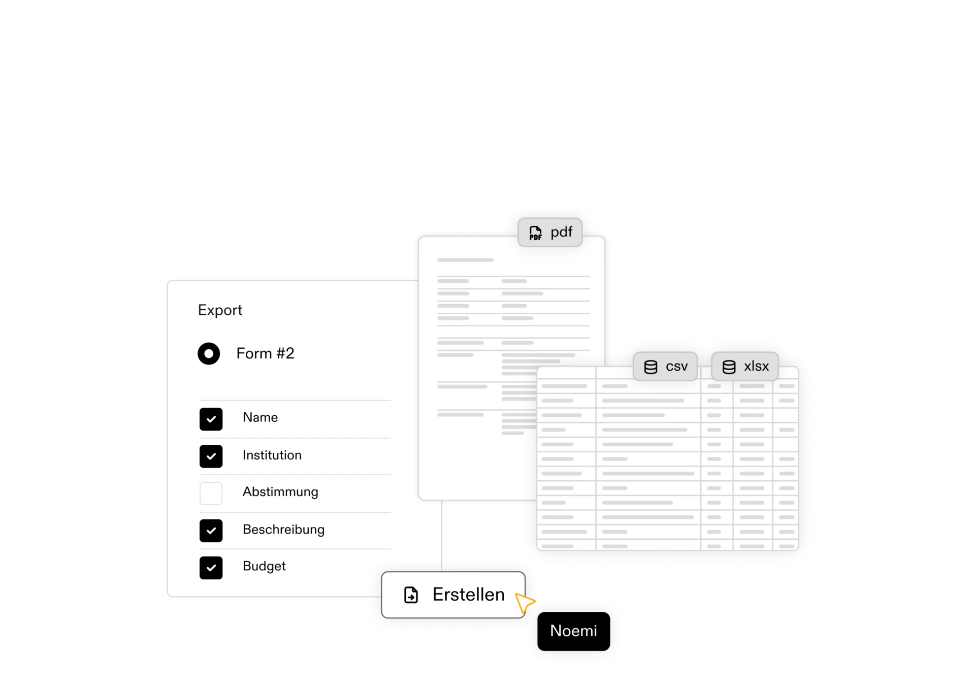 Grafische Darstellung eines Export-Menüs mit Auswahloptionen für PDF-, CSV- und XLSX-Dateien.
